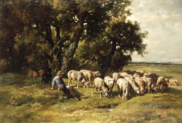 Sheep Shepherd Painting - a shepherd and his flock charles emile jacques